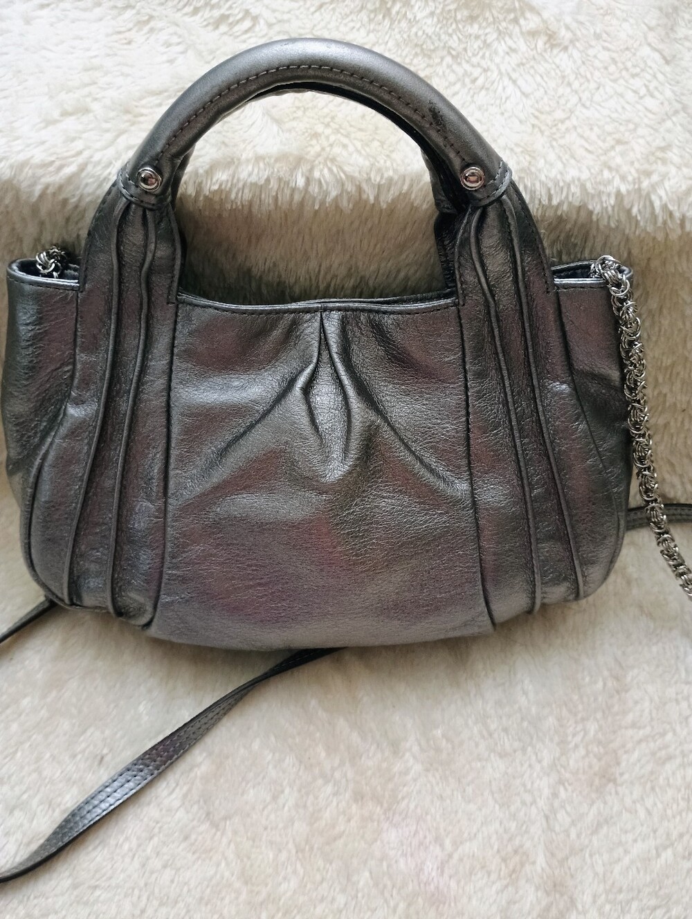 B. Makowsky Metallic Silver Leather Pleated Satchel Handbag